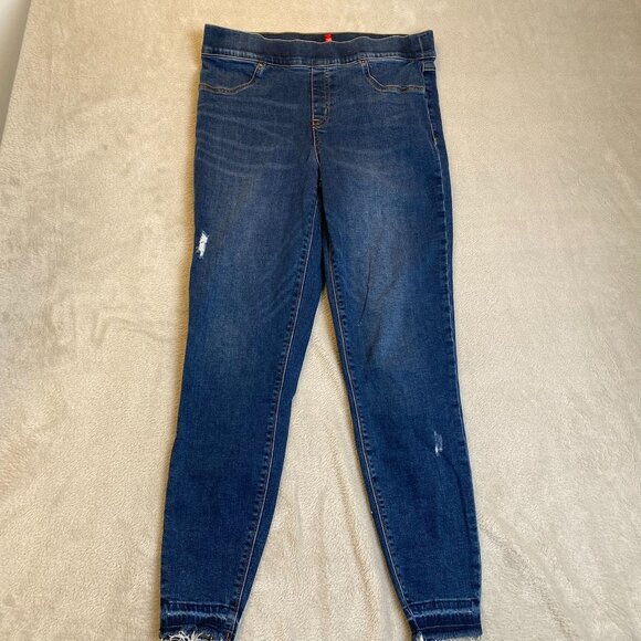 Spanx Womens Skinny Jeans Large Mid-Rise Distressed Hem Frayed Stretchy Denim Bl - Picture 15 of 16